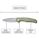 SENCUT CITIUS Flipper & Manual Thumb Knife OD Green G10 Handle (3.3" Gray Stonewashed 9Cr18MoV Blade) SA01A - SENCUT