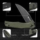 SENCUT Watauga Flipper & Button Lock Knife Dark Green Canvas Micarta Handle (3.48" Black Stonewashed D2 Blade) S21011-2