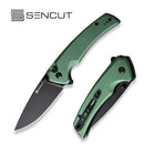 SENCUT Serene Flipper & Button Lock & Thumb Stud Knife Green Aluminum Handle (3.48" Black D2 Blade) S21022B-5