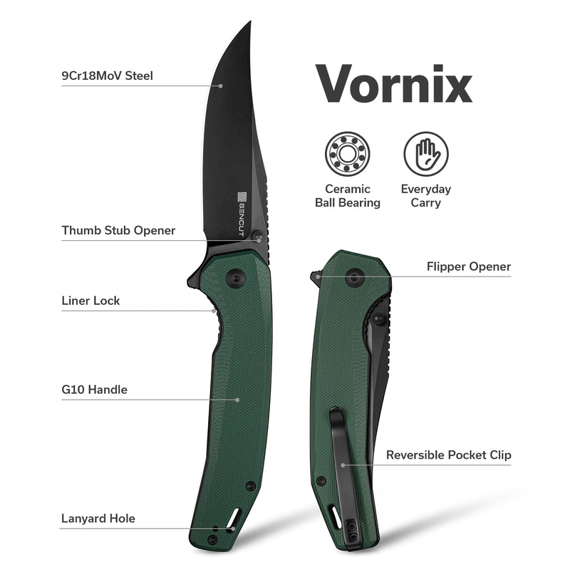 SENCUT Vornix Flipper Knife Teal Green G10 Handle (3.65" Black 9Cr18MoV Blade) S25038-1
