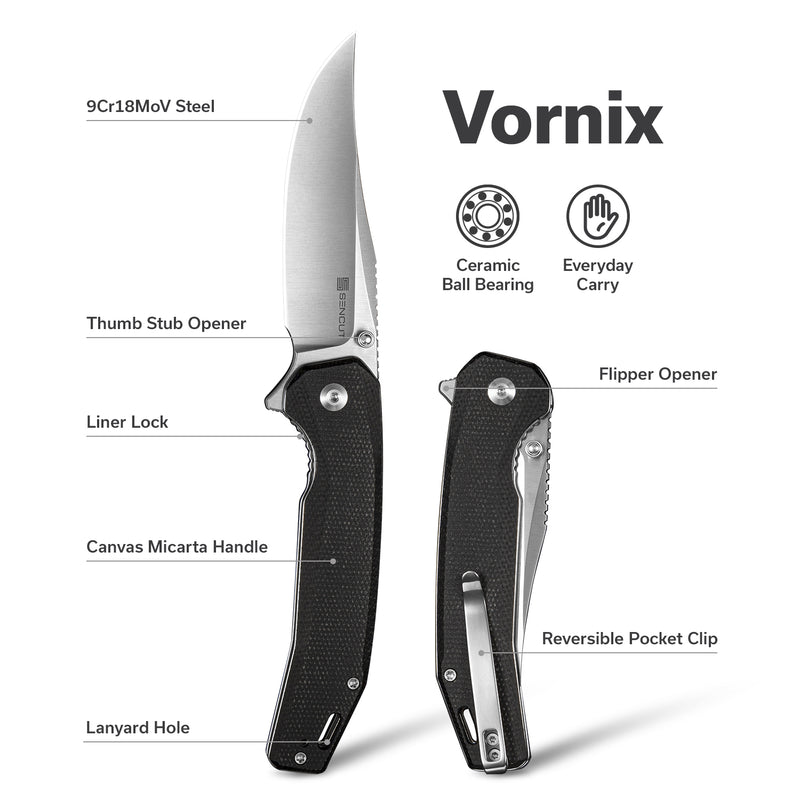 SENCUT Vornix Flipper Knife Black Canvas Micarta Handle (3.65" Satin Finished 9Cr18MoV Blade) S25038-2
