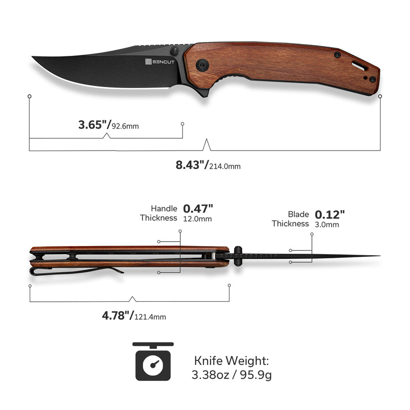 SENCUT Vornix Flipper Knife Guibourtia Wood Handle (3.65" Black 9Cr18MoV Blade) S25038-3