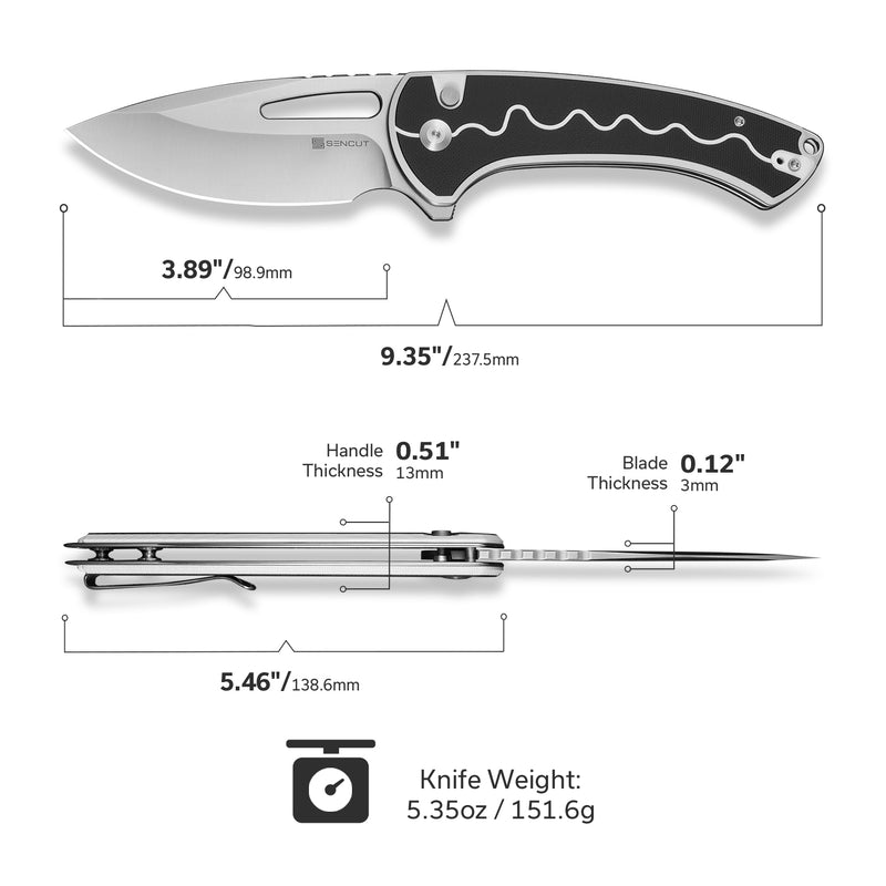 SENCUT Squiggy Flipper & Thumb Hole & Button Lock Knife G10 Handle (3.89" 9Cr18MoV Blade) S24082A-1