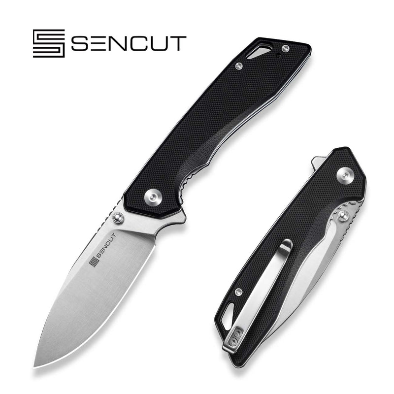 SENCUT Stratex Flipper & Thumb Stud Knife Black G10 Handle (3.17" Satin Finished 9Cr18MoV Blade) S25055-1