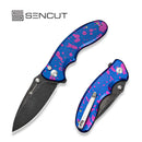 SENCUT Cybrix Thumb Stud & Flipper & Button Lock Knife Blue / Purple Aluminum Handle (3.46" Black Stonewashed With Etching Pattern 9Cr18MoV  Blade) S23098A-2026 BSW