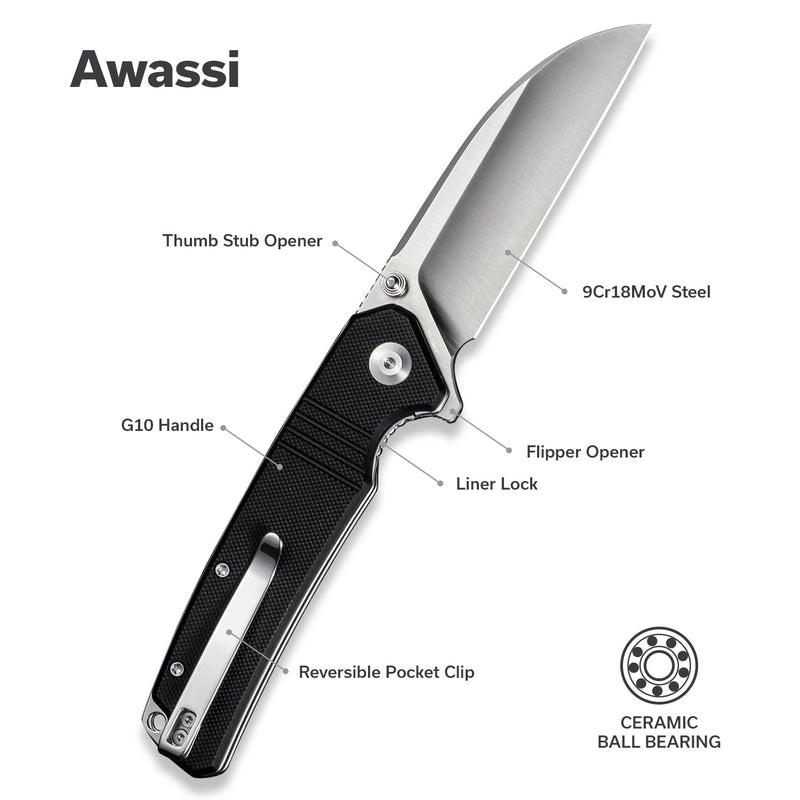 SENCUT Awassi Flipper & Thumb Stud Knife G10 Handle (3.46" 9Cr18MoV Blade) S24065 - 1 - SENCUT