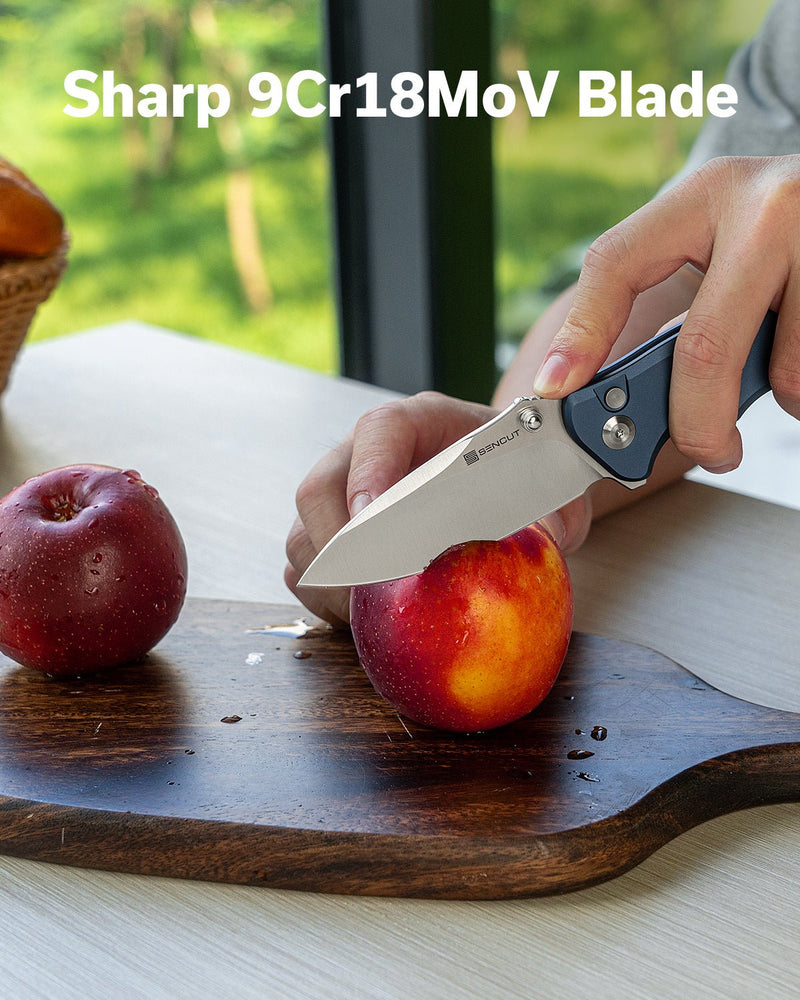 SENCUT Cybrix Thumb Stud & Flipper & Button Lock Knife Blue Aluminum Handle (3.46" Satin Finished 9Cr18MoV Blade) S23098A - 4 - SENCUT