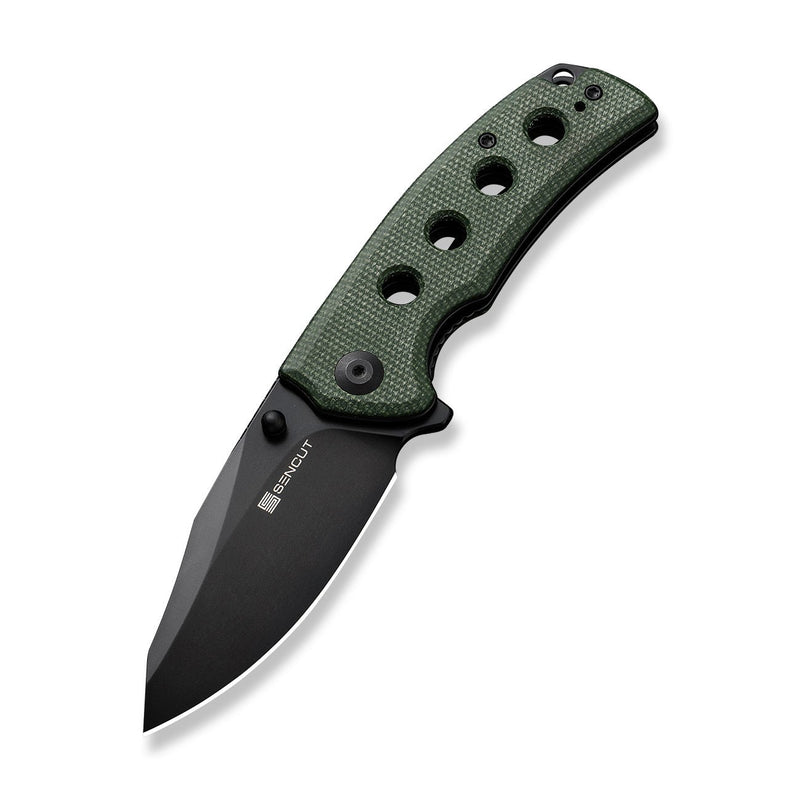 SENCUT Excalis Flipper & Thumb Stud Knife Green Canvas Micarta Handle (2.97" Black 9Cr18MoV Blade) S23068-3