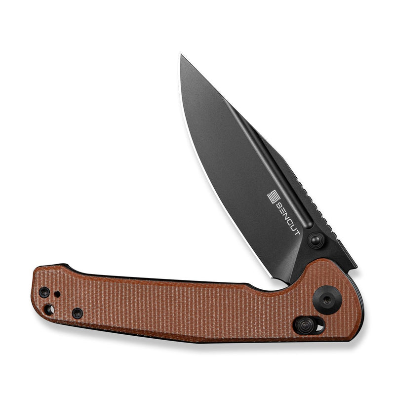 SENCUT Glenspar Thumb Stud & Crossbar Lock Knife Brown Canvas Micarta Handle (3.45" Black 9Cr18MoV Blade) S25046 - 3 - SENCUT