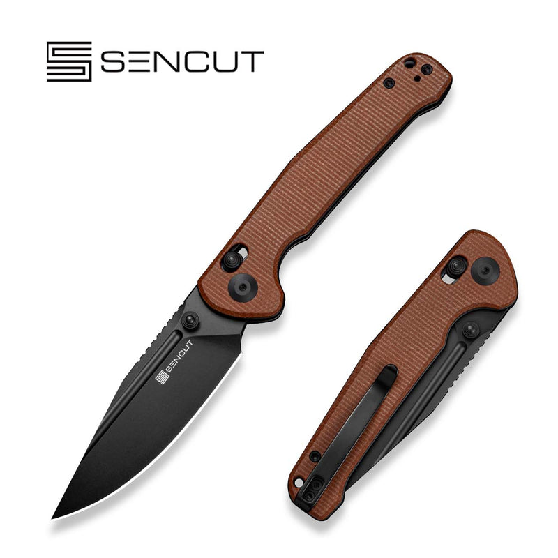 SENCUT Glenspar Thumb Stud & Crossbar Lock Knife Brown Canvas Micarta Handle (3.45" Black 9Cr18MoV Blade) S25046 - 3 - SENCUT
