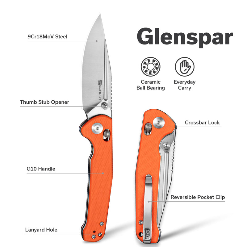 SENCUT Glenspar Thumb Stud & Crossbar Lock Knife Orange G10 Handle (3.