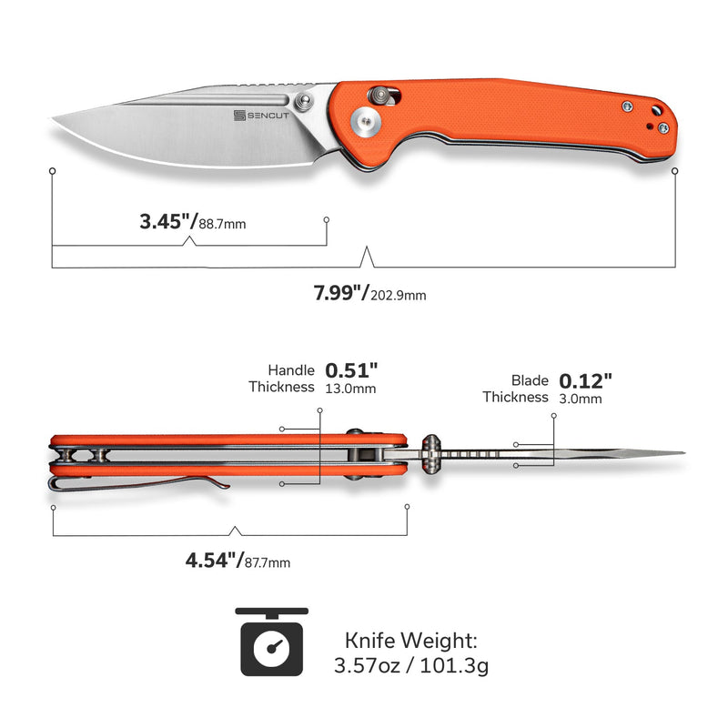 SENCUT Glenspar Thumb Stud & Crossbar Lock Knife Orange G10 Handle (3.