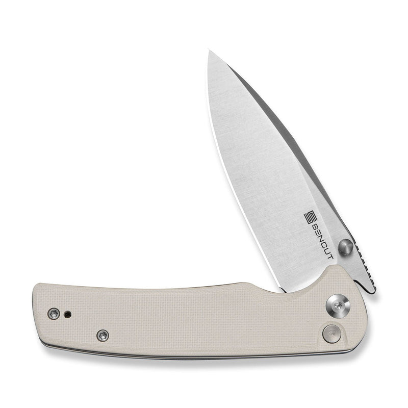 SENCUT Sachse Flipper & Button Lock & Thumb Stud Knife Ivory G10 Handl