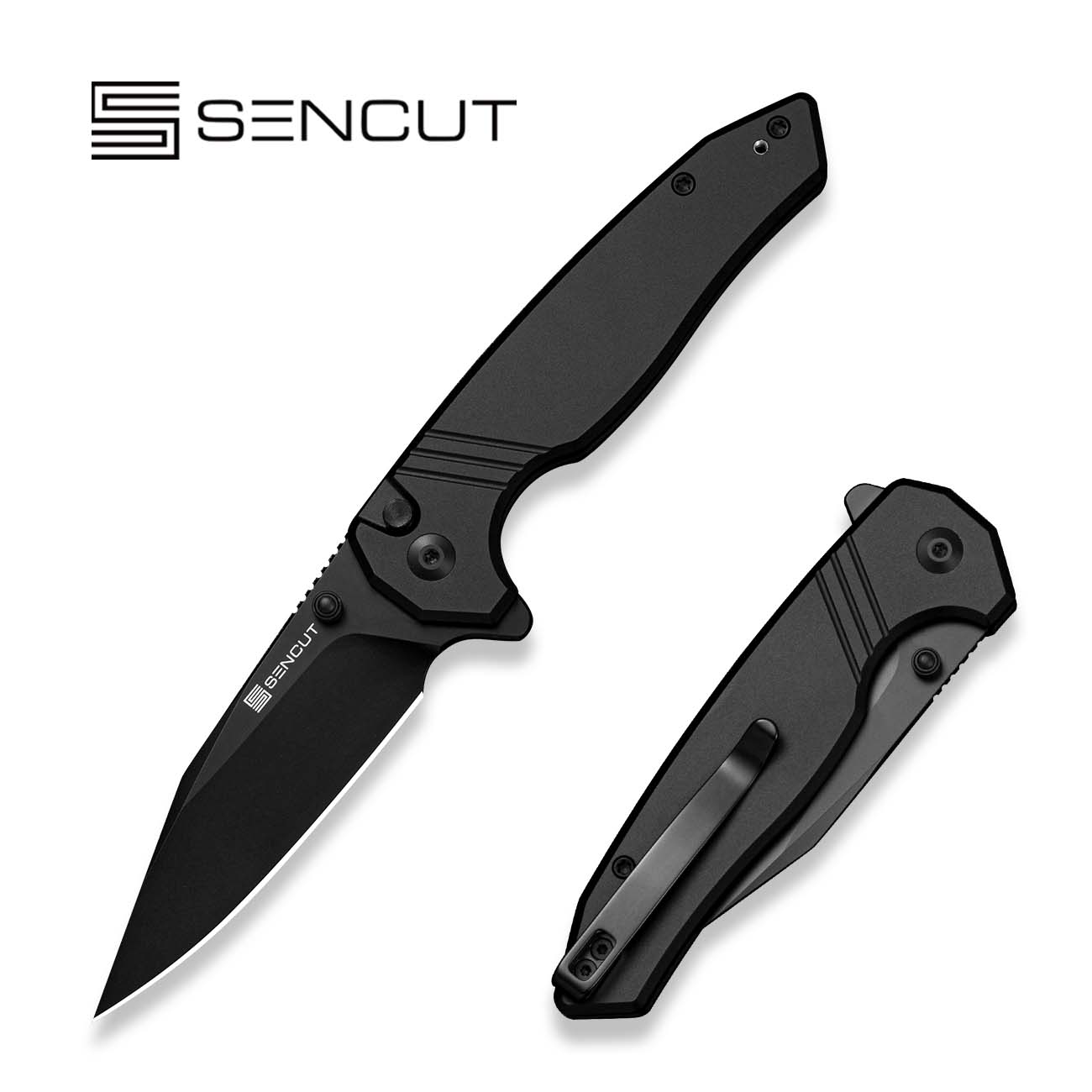 SENCUT Selkyris Flipper & Thumb Stud & Button Lock Knife Black Aluminu