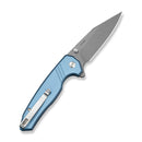 SENCUT Selkyris Flipper & Thumb Stud & Button Lock Knife Blue Aluminum Handle (3.36" Gray Stonewashed Blade) S25068 Sample2 - SENCUT