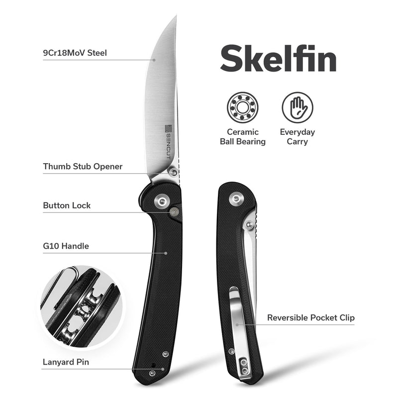 SENCUT Skelfin Thumb Stud & Button Lock Knife Black G10 Handle (3.3" Satin Finished 9Cr18MoV Blade) S25007 - 2 - SENCUT