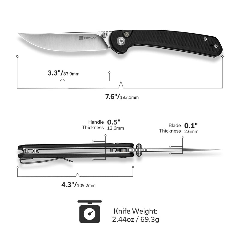 SENCUT Skelfin Thumb Stud & Button Lock Knife Black G10 Handle (3.3" Satin Finished 9Cr18MoV Blade) S25007 - 2 - SENCUT