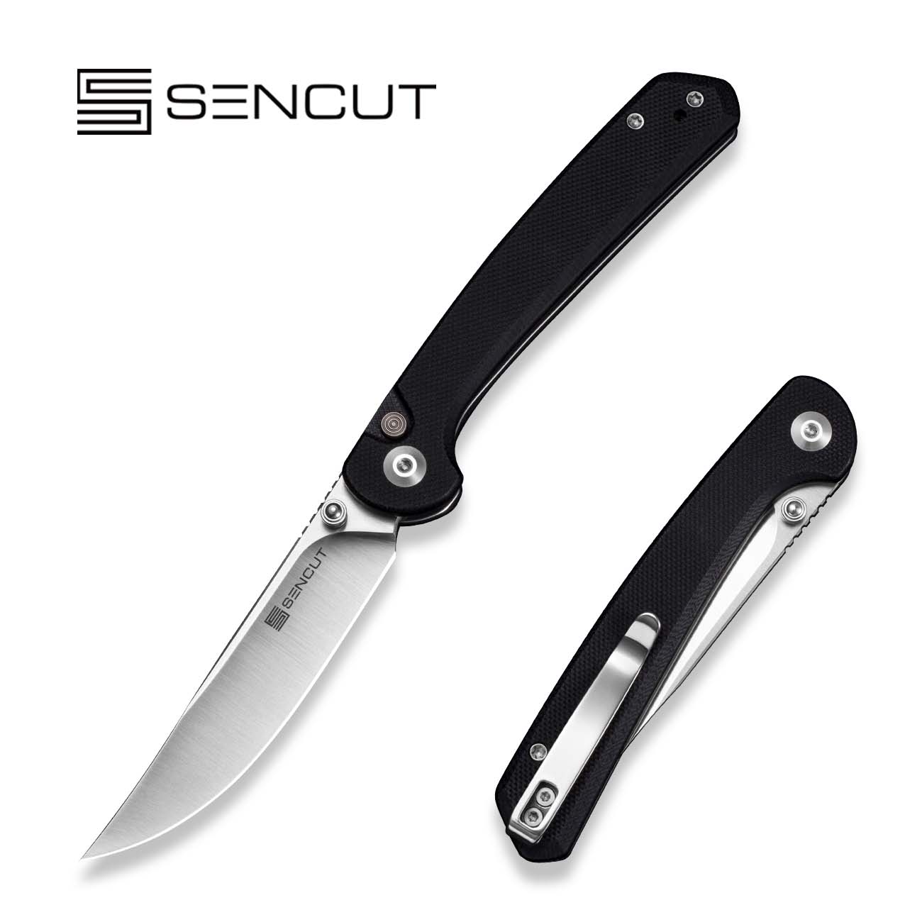 SENCUT Skelfin Thumb Stud & Button Lock Knife Black G10 Handle (3.3
