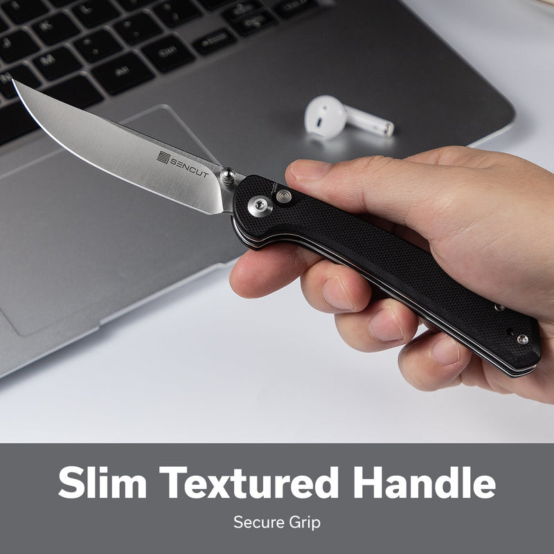 SENCUT Skelfin Thumb Stud & Button Lock Knife Black G10 Handle (3.3" Satin Finished 9Cr18MoV Blade) S25007 - 2 - SENCUT