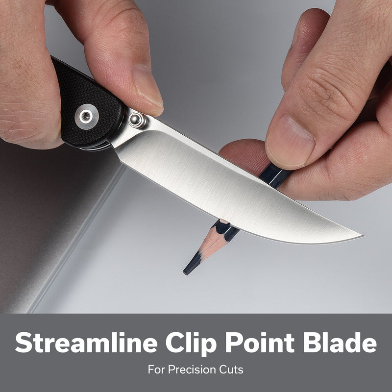 SENCUT Skelfin Thumb Stud & Button Lock Knife Black G10 Handle (3.3" Satin Finished 9Cr18MoV Blade) S25007 - 2 - SENCUT