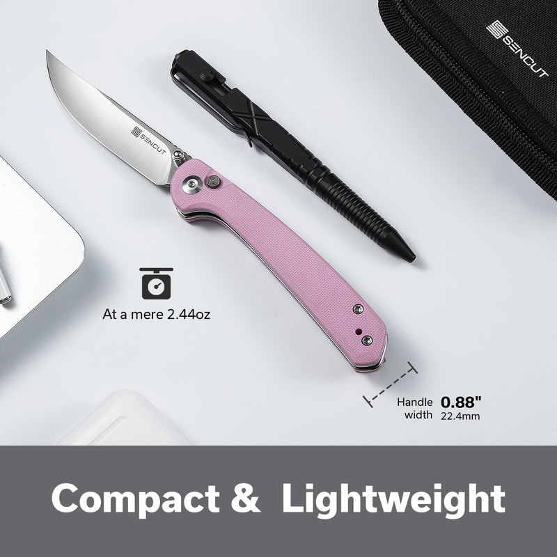 SENCUT Skelfin Thumb Stud & Button Lock Knife Powder Pink G10 Handle (3.3" Satin Finished 9Cr18MoV Blade) S25007 - 3 - SENCUT