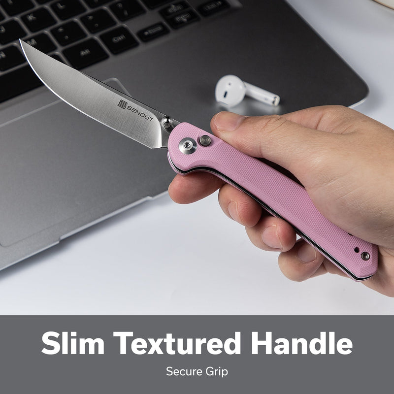 SENCUT Skelfin Thumb Stud & Button Lock Knife Powder Pink G10 Handle (3.3" Satin Finished 9Cr18MoV Blade) S25007 - 3 - SENCUT