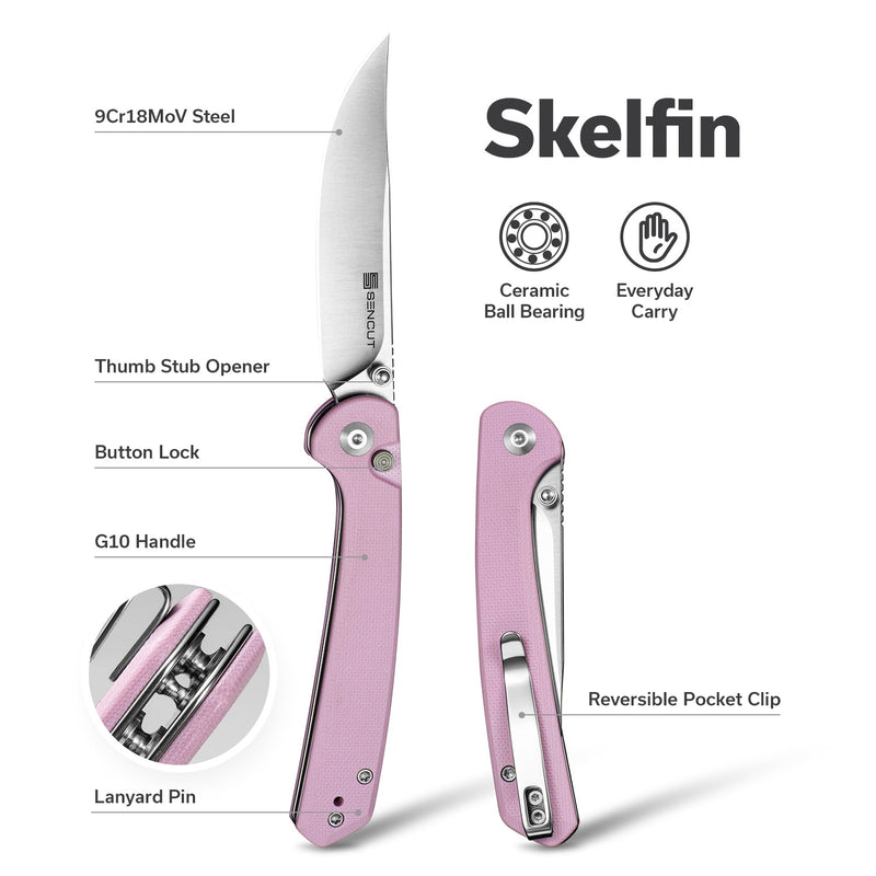 SENCUT Skelfin Thumb Stud & Button Lock Knife Powder Pink G10 Handle (3.3" Satin Finished 9Cr18MoV Blade) S25007 - 3 - SENCUT