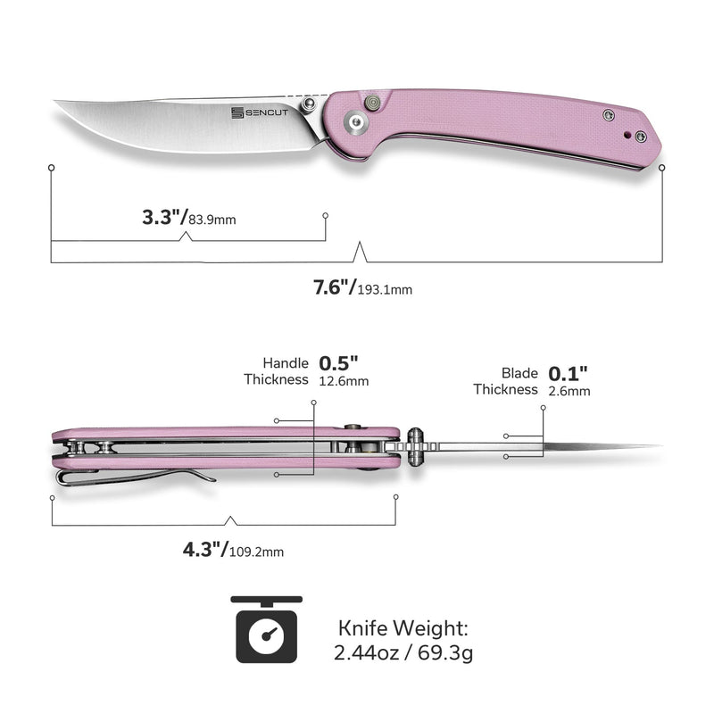 SENCUT Skelfin Thumb Stud & Button Lock Knife Powder Pink G10 Handle (3.3" Satin Finished 9Cr18MoV Blade) S25007 - 3 - SENCUT