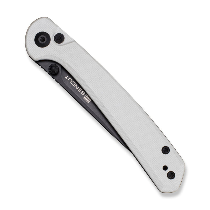 SENCUT Skelfin Thumb Stud & Button Lock Knife White G10 Handle (3.3" Black 9Cr18MoV Blade) S25007 - 1 - SENCUT