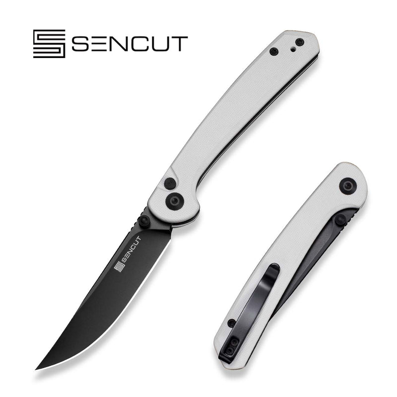 SENCUT Skelfin Thumb Stud & Button Lock Knife White G10 Handle (3.3" Black 9Cr18MoV Blade) S25007 - 1 - SENCUT