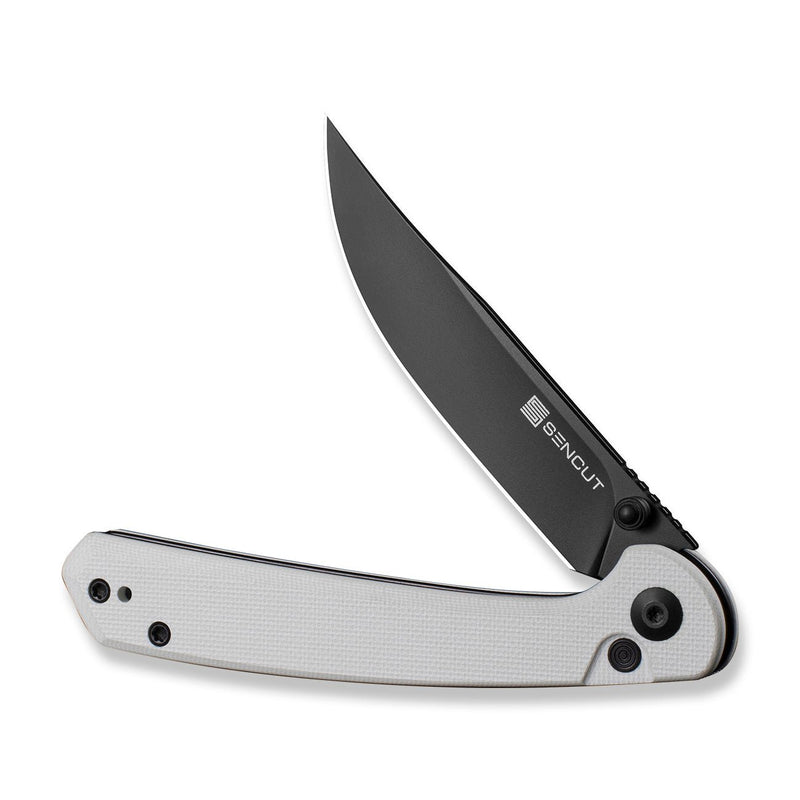 SENCUT Skelfin Thumb Stud & Button Lock Knife White G10 Handle (3.3" Black 9Cr18MoV Blade) S25007 - 1 - SENCUT