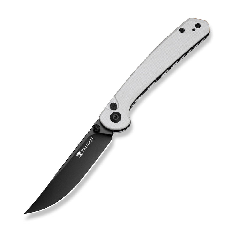 SENCUT Skelfin Thumb Stud & Button Lock Knife White G10 Handle (3.3" Black 9Cr18MoV Blade) S25007 - 1 - SENCUT