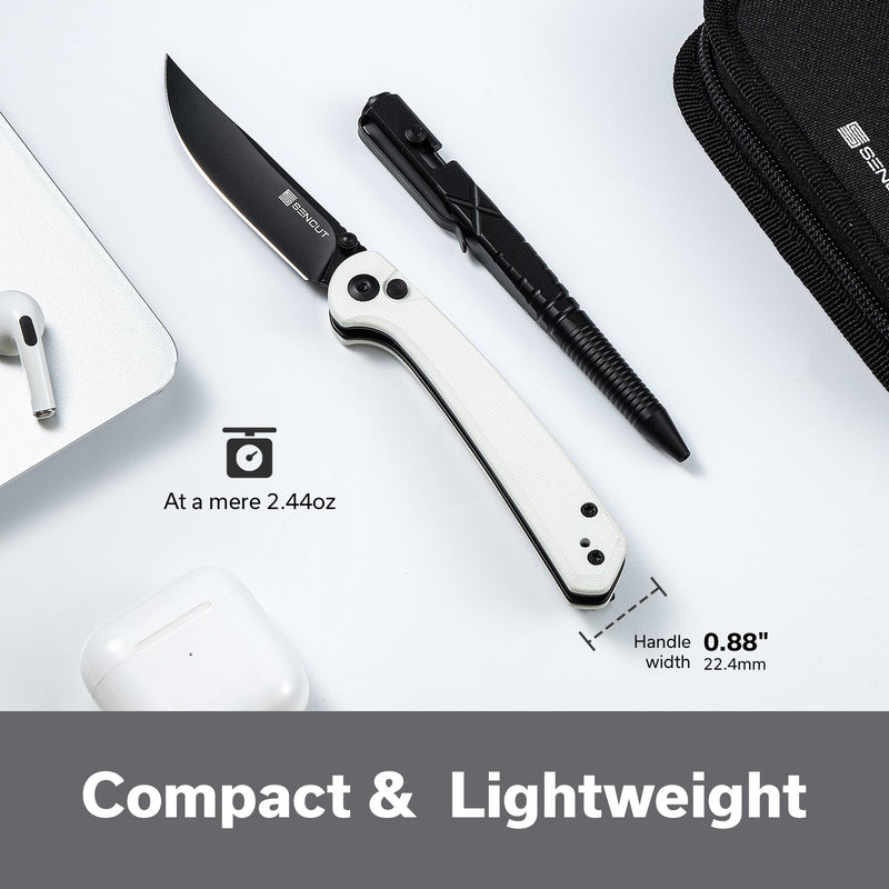 SENCUT Skelfin Thumb Stud & Button Lock Knife White G10 Handle (3.3" Black 9Cr18MoV Blade) S25007 - 1 - SENCUT