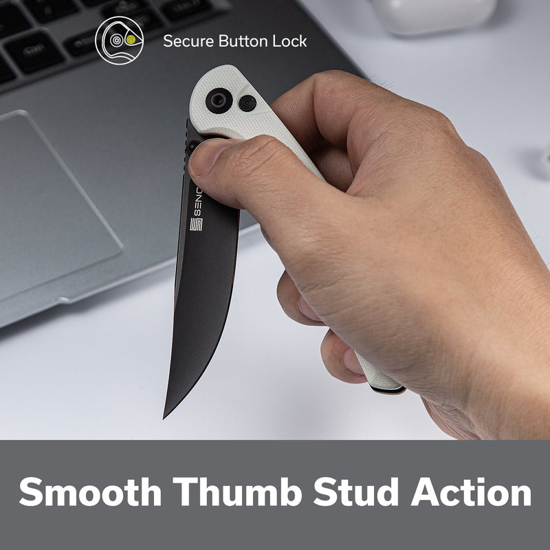 SENCUT Skelfin Thumb Stud & Button Lock Knife White G10 Handle (3.3" Black 9Cr18MoV Blade) S25007 - 1 - SENCUT