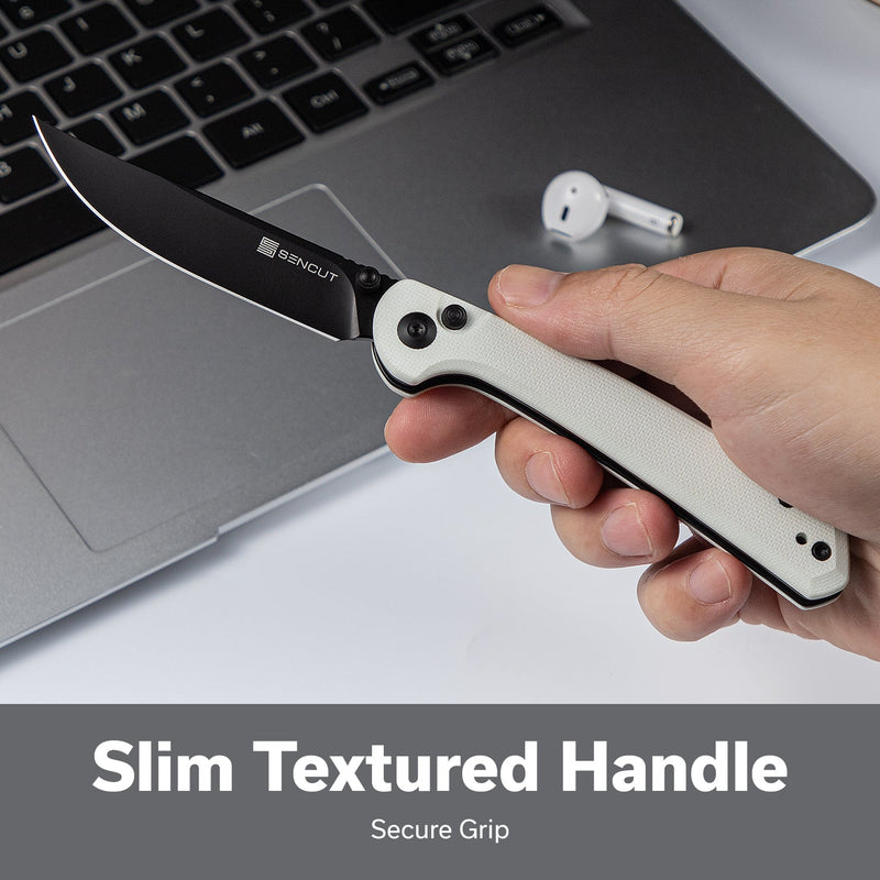 SENCUT Skelfin Thumb Stud & Button Lock Knife White G10 Handle (3.3" Black 9Cr18MoV Blade) S25007 - 1 - SENCUT
