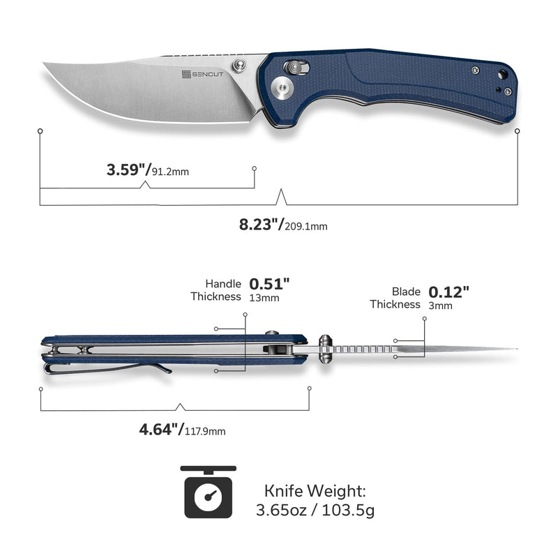 SENCUT Slybolt Thumb Stud & Crossbar Lock Knife Blue Canvas Micarta Handle (3.59" Satin Finished 9Cr18MoV Blade) S25001A - 2 - SENCUT
