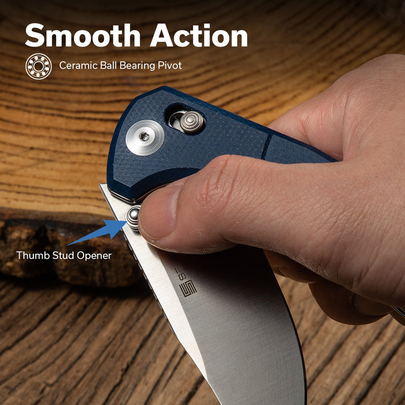 SENCUT Slybolt Thumb Stud & Crossbar Lock Knife Blue Canvas Micarta Handle (3.59" Satin Finished 9Cr18MoV Blade) S25001A - 2 - SENCUT