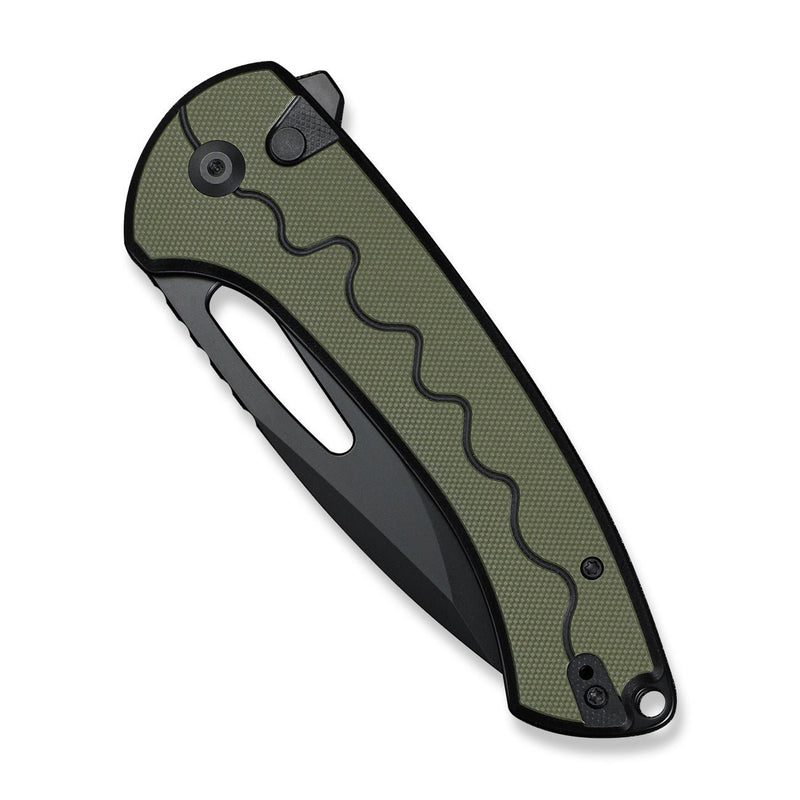 SENCUT Squiggy Flipper & Thumb Hole & Button Lock Knife Black / Green G10 Handle (3.89" Black 9Cr18MoV Blade) S24082A - 2 - SENCUT
