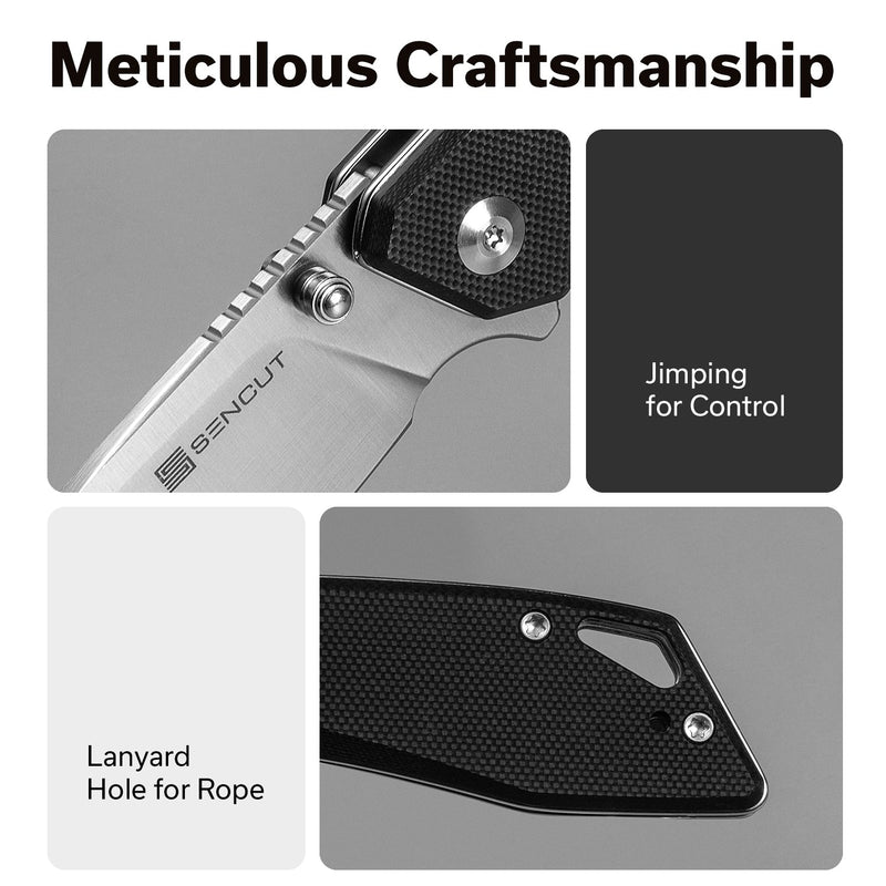SENCUT Stratex Flipper & Thumb Stud Knife Black G10 Handle (3.17" Satin Finished 9Cr18MoV Blade) S25055 - 1 - SENCUT