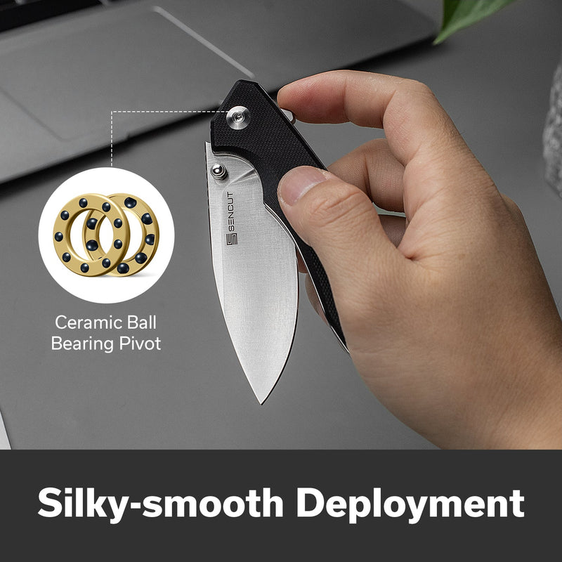 SENCUT Stratex Flipper & Thumb Stud Knife Black G10 Handle (3.17" Satin Finished 9Cr18MoV Blade) S25055 - 1 - SENCUT