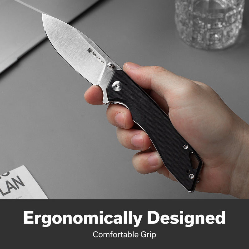 SENCUT Stratex Flipper & Thumb Stud Knife Black G10 Handle (3.17" Satin Finished 9Cr18MoV Blade) S25055 - 1 - SENCUT