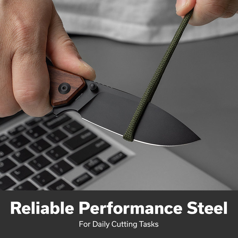 SENCUT Stratex Flipper & Thumb Stud Knife Guibourtia Wood Handle (3.17" Black 9Cr18MoV Blade) S25055 - 3 - SENCUT