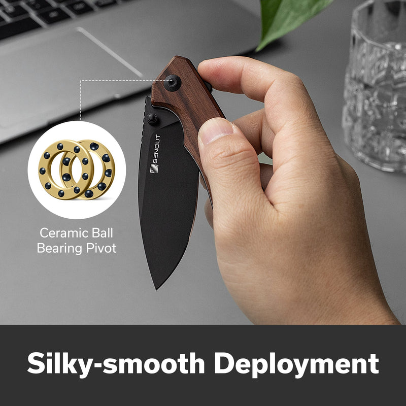 SENCUT Stratex Flipper & Thumb Stud Knife Guibourtia Wood Handle (3.17" Black 9Cr18MoV Blade) S25055 - 3 - SENCUT