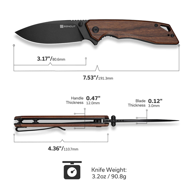 SENCUT Stratex Flipper & Thumb Stud Knife Guibourtia Wood Handle (3.17" Black 9Cr18MoV Blade) S25055 - 3 - SENCUT