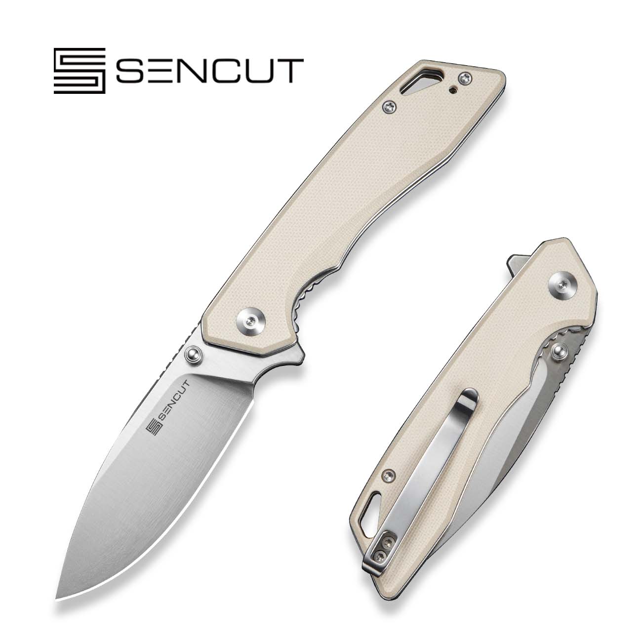 SENCUT Stratex Flipper & Thumb Stud Knife Ivory G10 Handle (3.17