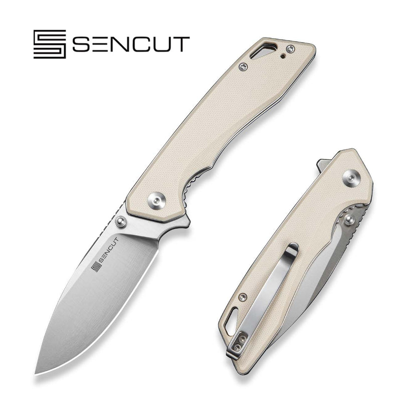 SENCUT Stratex Flipper & Thumb Stud Knife Ivory G10 Handle (3.17" Satin Finished 9Cr18MoV Blade) S25055 - 2 - SENCUT