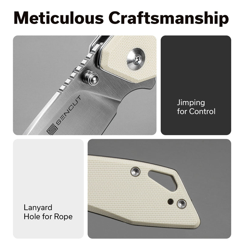 SENCUT Stratex Flipper & Thumb Stud Knife Ivory G10 Handle (3.17" Satin Finished 9Cr18MoV Blade) S25055 - 2 - SENCUT