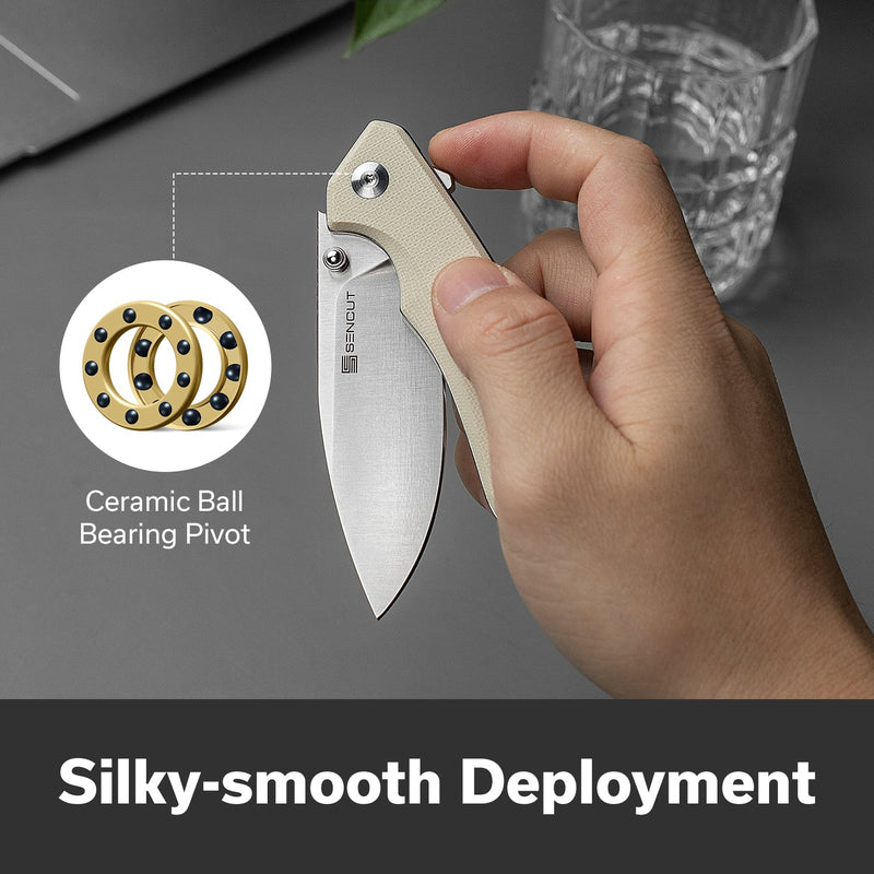 SENCUT Stratex Flipper & Thumb Stud Knife Ivory G10 Handle (3.17" Satin Finished 9Cr18MoV Blade) S25055 - 2 - SENCUT