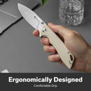 SENCUT Stratex Flipper & Thumb Stud Knife Ivory G10 Handle (3.17" Satin Finished 9Cr18MoV Blade) S25055 - 2 - SENCUT