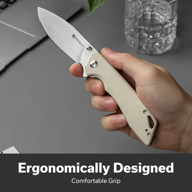 SENCUT Stratex Flipper & Thumb Stud Knife Ivory G10 Handle (3.17" Satin Finished 9Cr18MoV Blade) S25055 - 2 - SENCUT